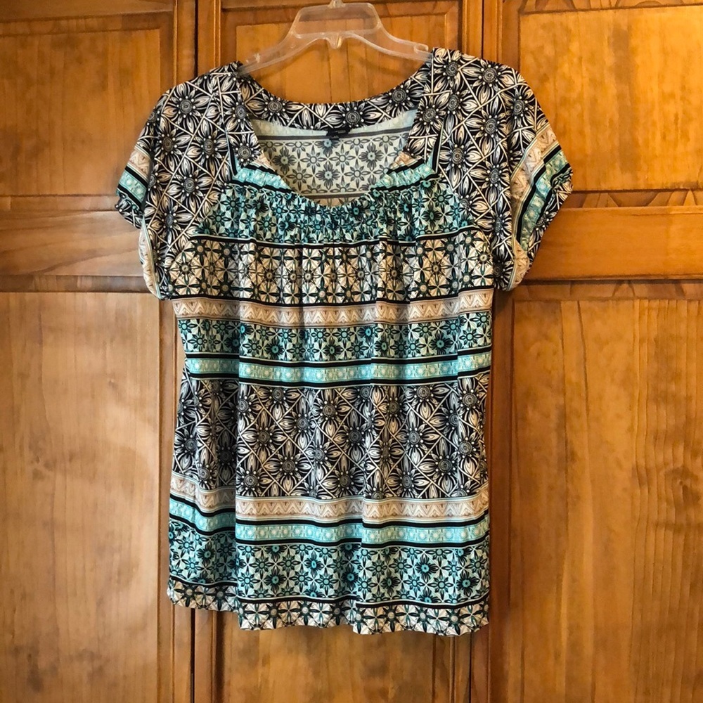 Rafaella Black Teal Floral Tribal Short Sleeve Blouse 1X